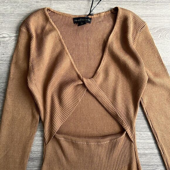 House of Harlow Ribbed Midi Dress Small Camel Brown Cut Out Neutral Party Knit - Picture 5 of 10